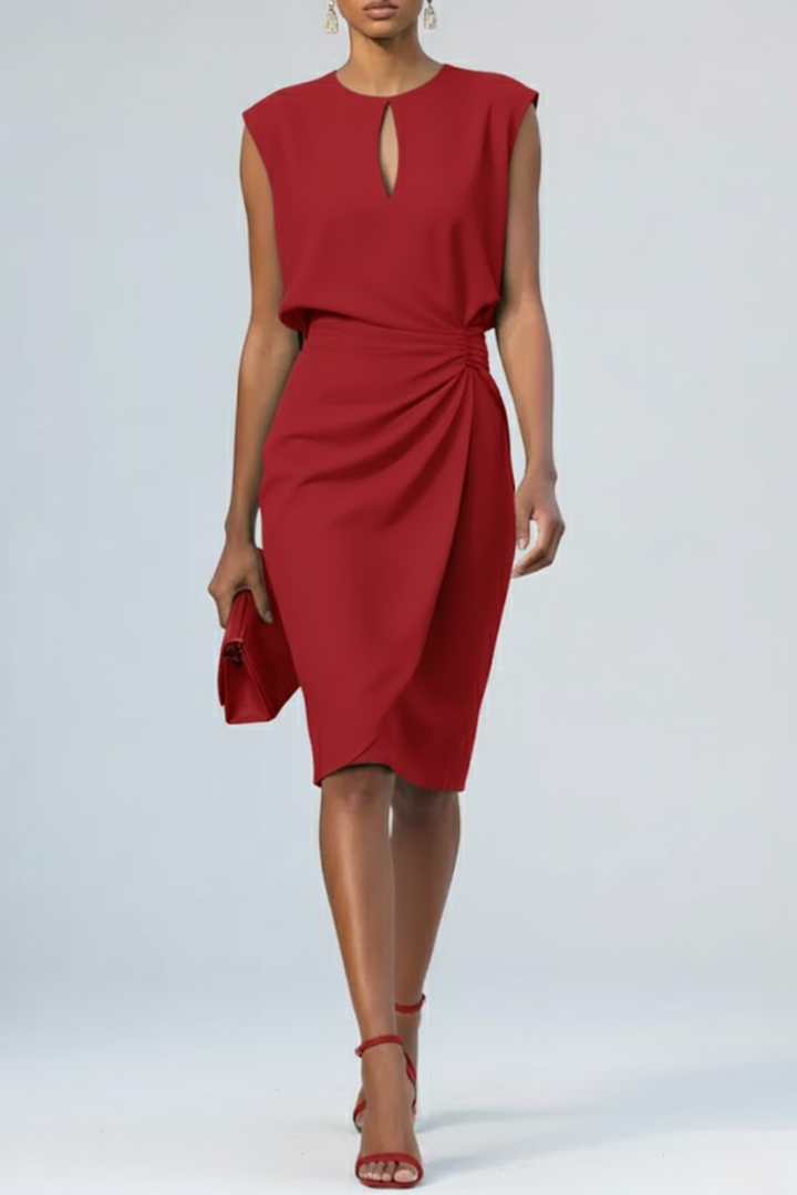 Women's Sleeveless Midi Dress - Keyhole Neck Ruched Waist