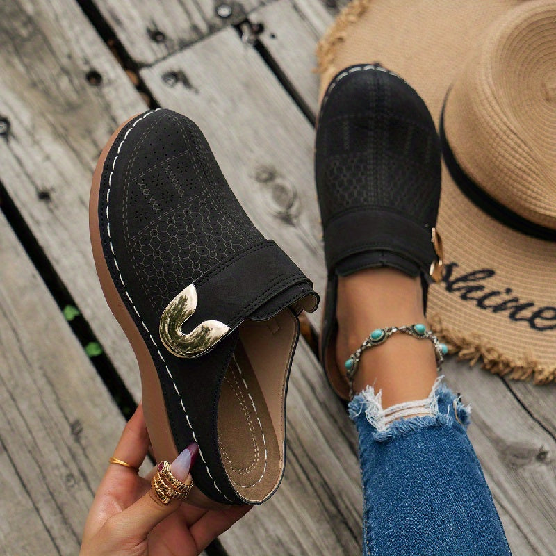 Women's Slip On Mules - Closed Toe Low Wedge Perforated