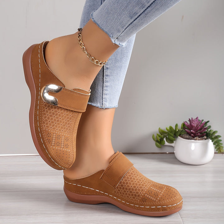 Women's Slip On Mules - Closed Toe Low Wedge Perforated