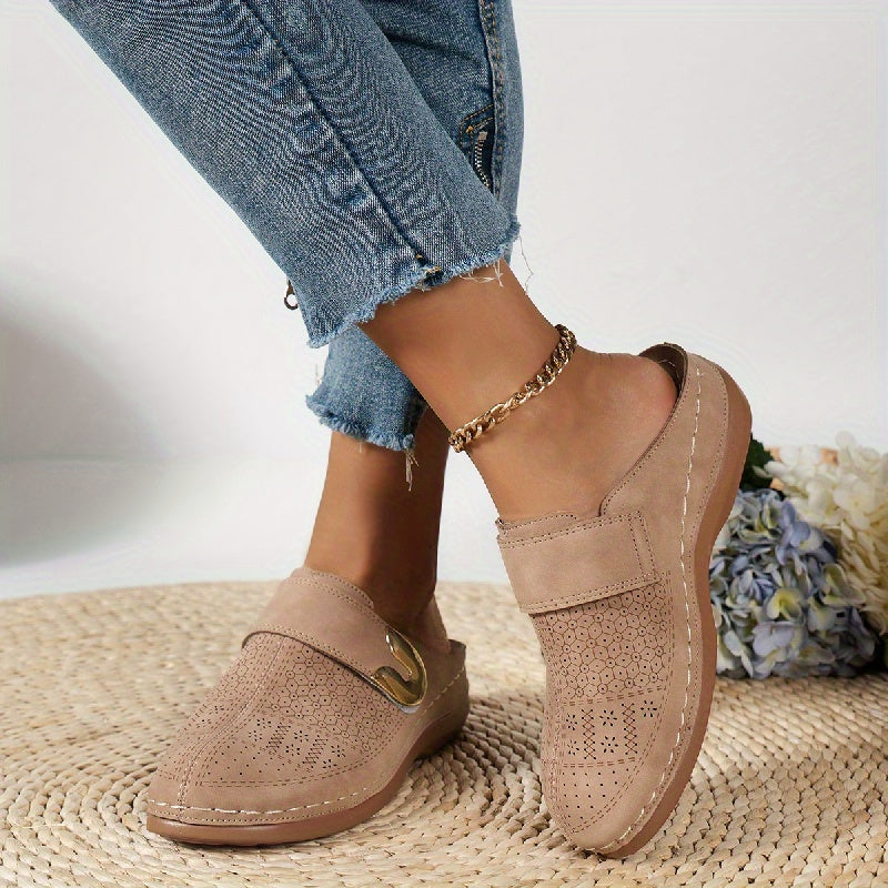 Women's Slip On Mules - Closed Toe Low Wedge Perforated