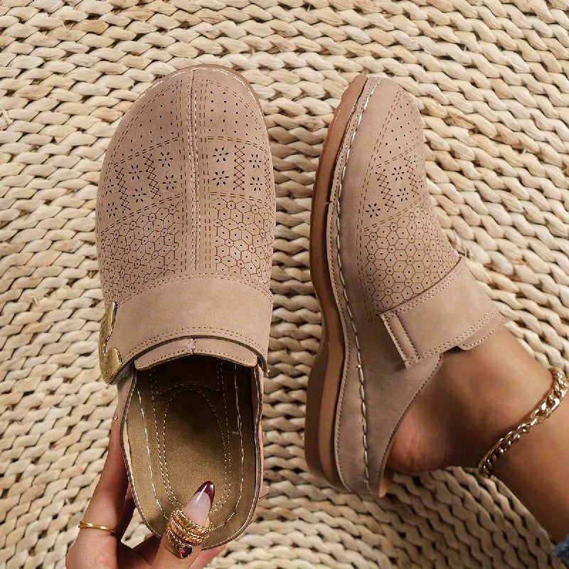 Women's Slip On Mules - Closed Toe Low Wedge Perforated