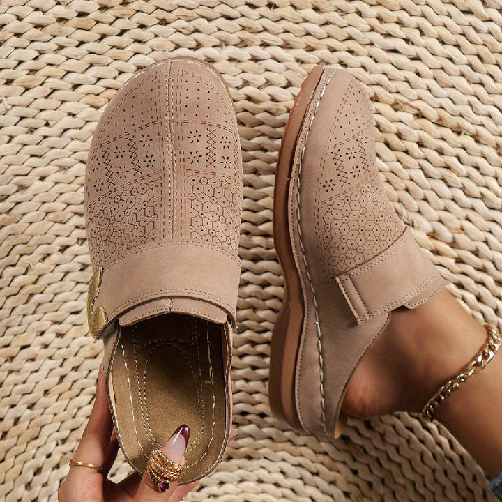 Women's Slip On Mules - Closed Toe Low Wedge Perforated