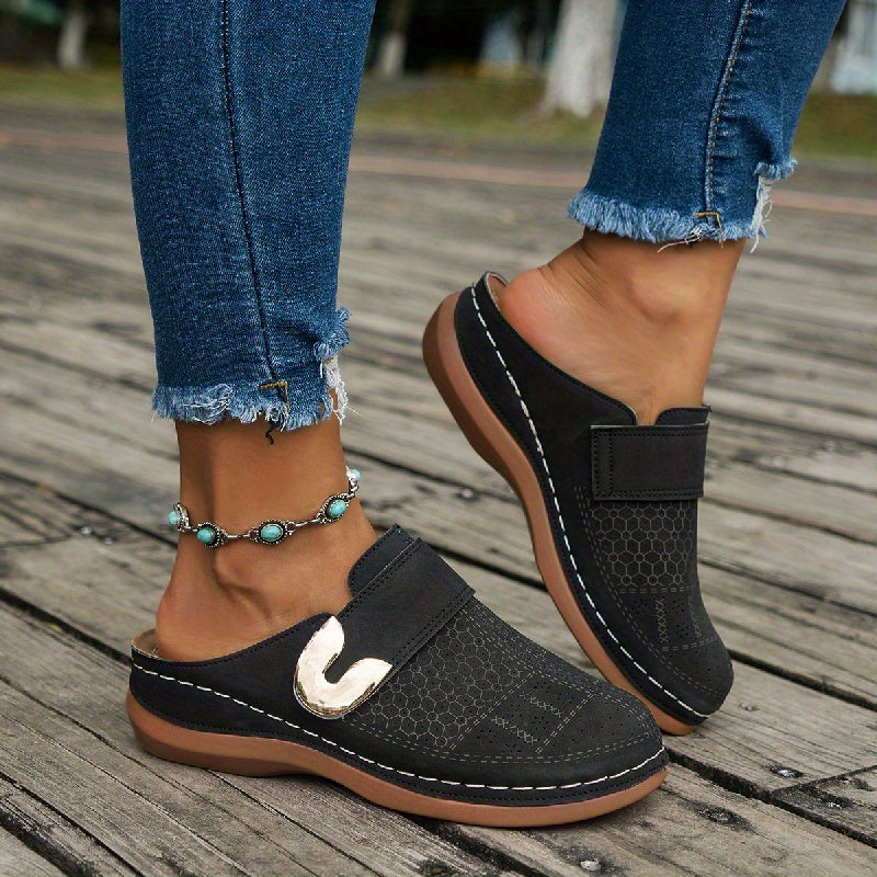 Women's Slip On Mules - Closed Toe Low Wedge Perforated
