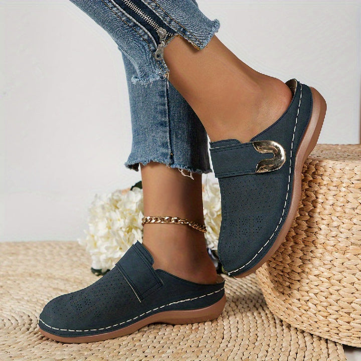 Women's Slip On Mules - Closed Toe Low Wedge Perforated