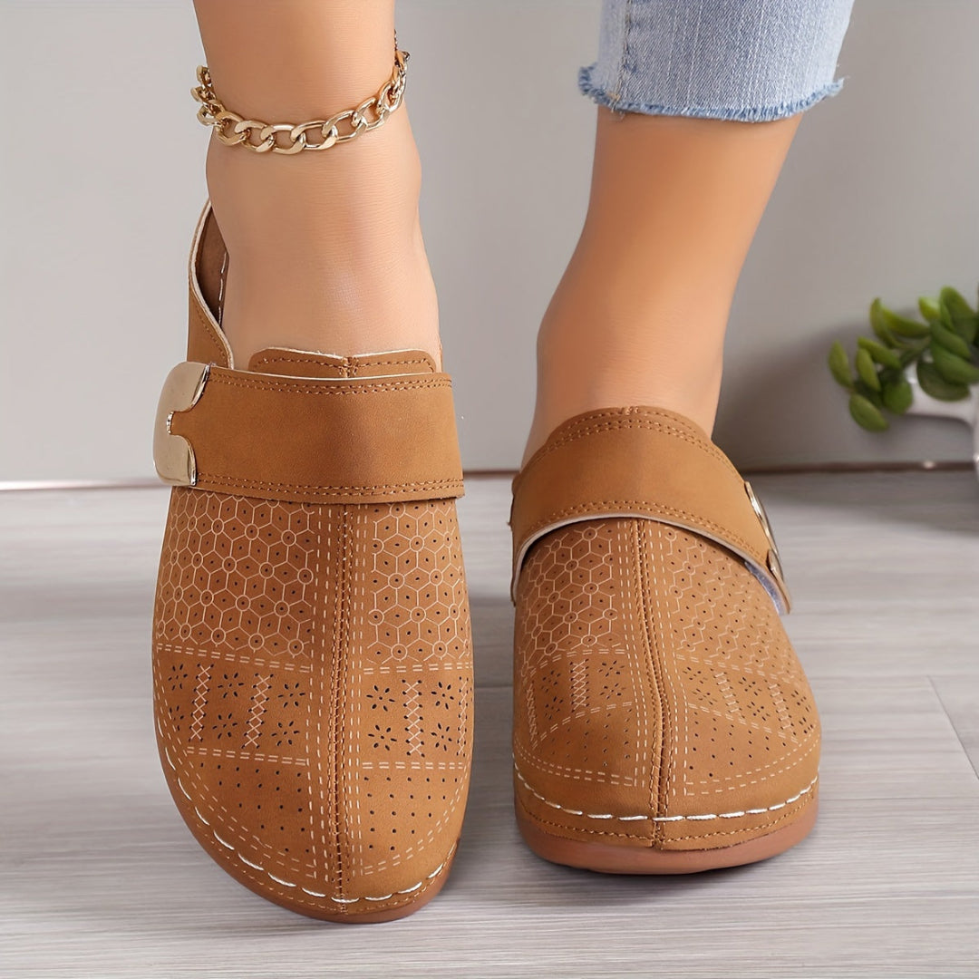 Women's Slip On Mules - Closed Toe Low Wedge Perforated