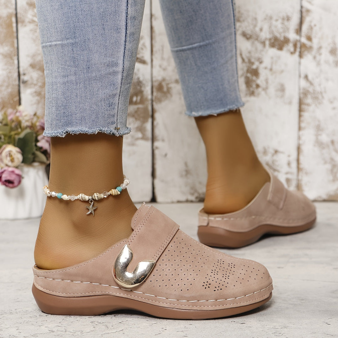 Women's Slip On Mules - Closed Toe Low Wedge Perforated