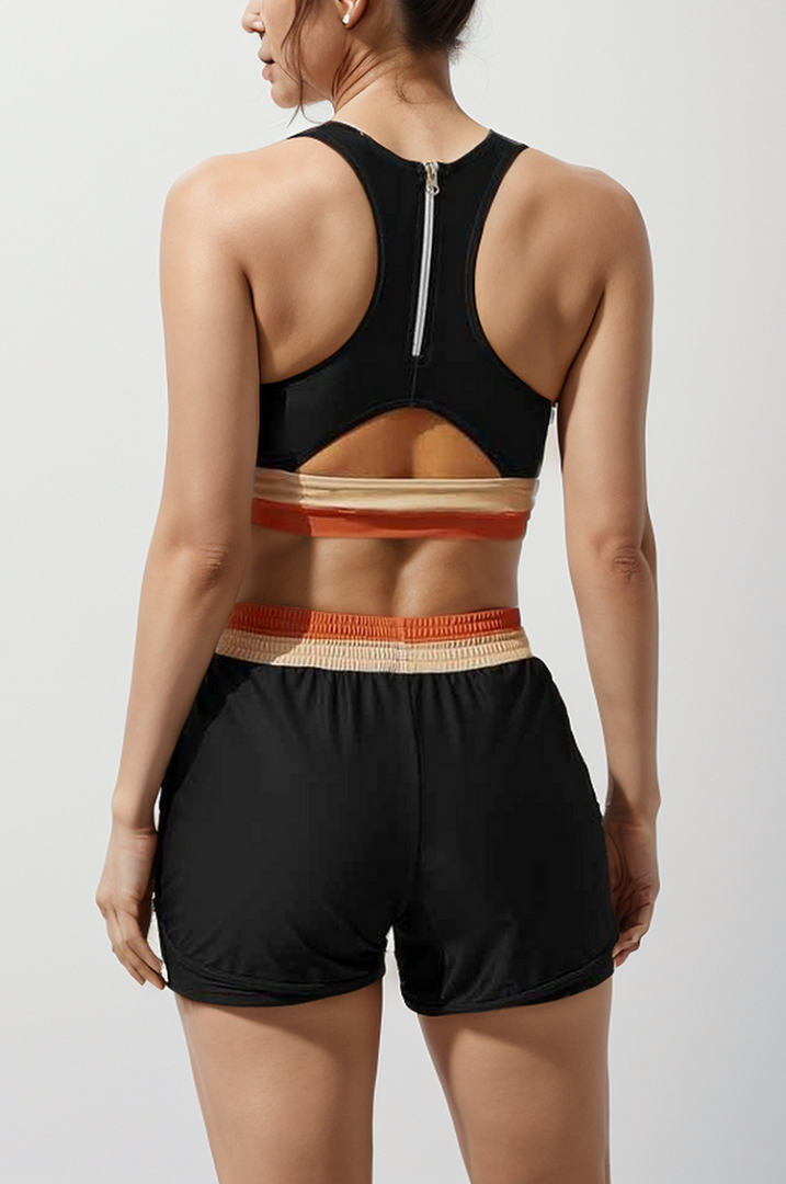 Women's Sports Bra and Shorts Set - Racerback Contrast Waistband