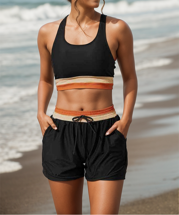 Women's Sports Bra and Shorts Set - Racerback Contrast Waistband