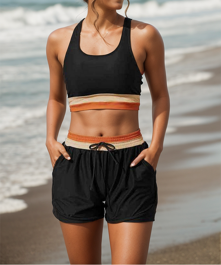 Women's Sports Bra and Shorts Set - Racerback Contrast Waistband