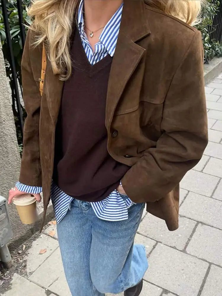 Women's Suede-Look Blazer - Button Front Notched Lapel