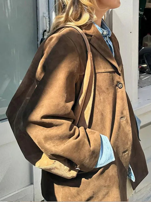Women's Suede-Look Blazer - Button Front Notched Lapel