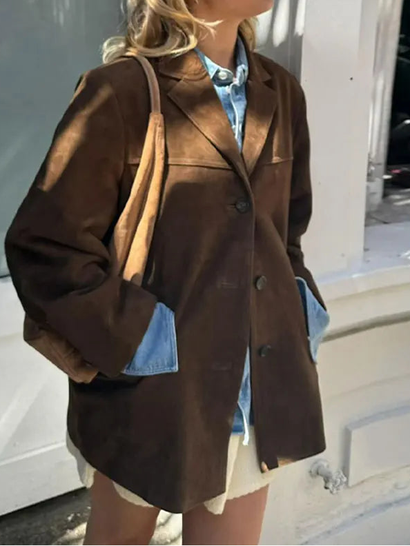Women's Suede-Look Blazer - Button Front Notched Lapel