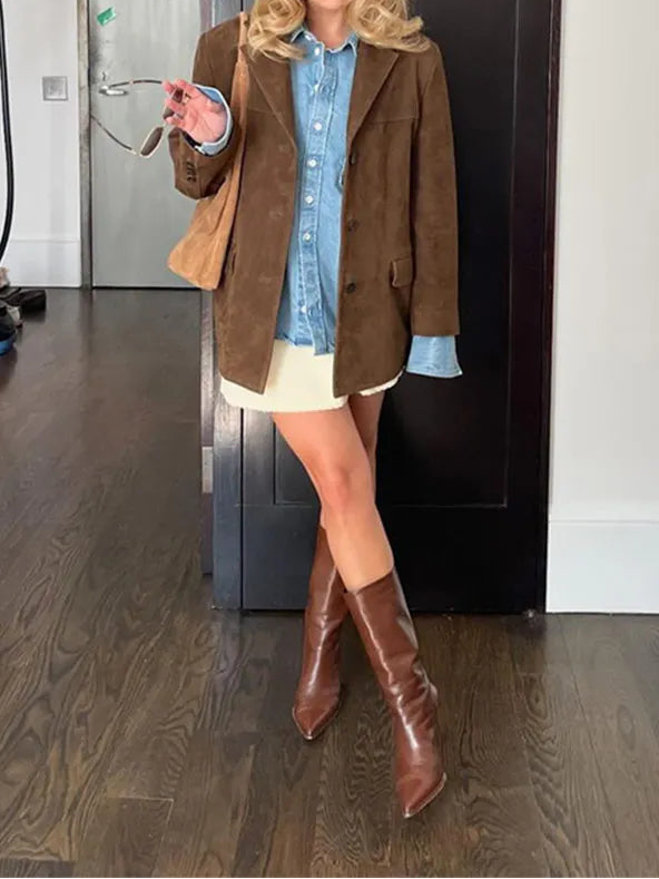 Women's Suede-Look Blazer - Button Front Notched Lapel