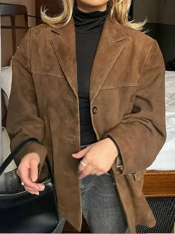 Women's Suede-Look Blazer - Button Front Notched Lapel