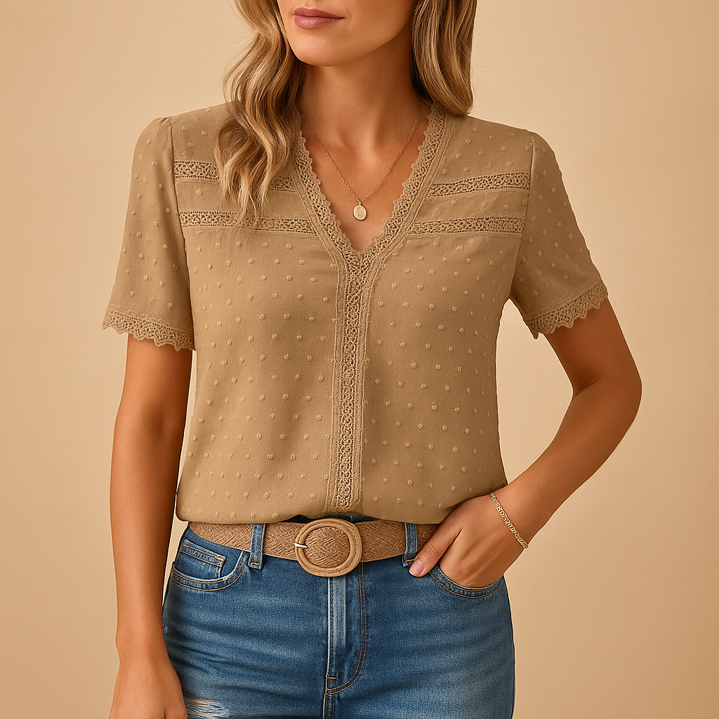 Women's Swiss Dot Blouse - V-Neck Lace Trim Short Sleeve
