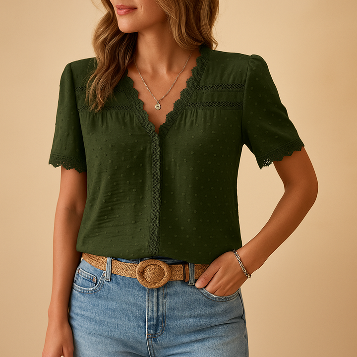 Women's Swiss Dot Blouse - V-Neck Lace Trim Short Sleeve
