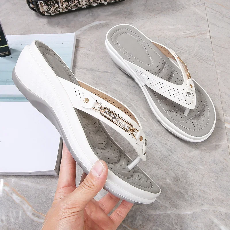 Women's Toe Post Wedge Sandals - Slip On Perforated Strap