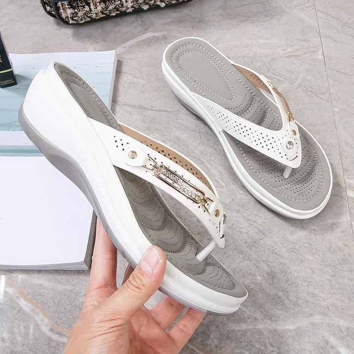 Women's Toe Post Wedge Sandals - Slip On Perforated Strap