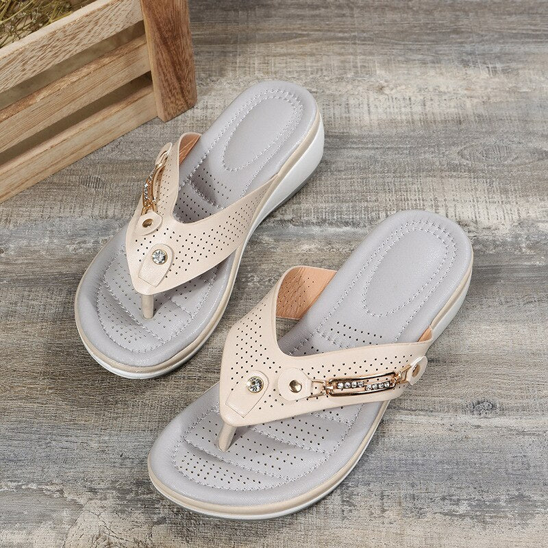 Women's Toe Post Wedge Sandals - Slip On Perforated Strap