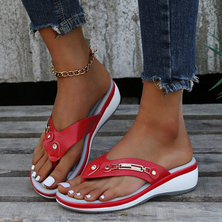 Women's Toe Post Wedge Sandals - Slip On Perforated Strap