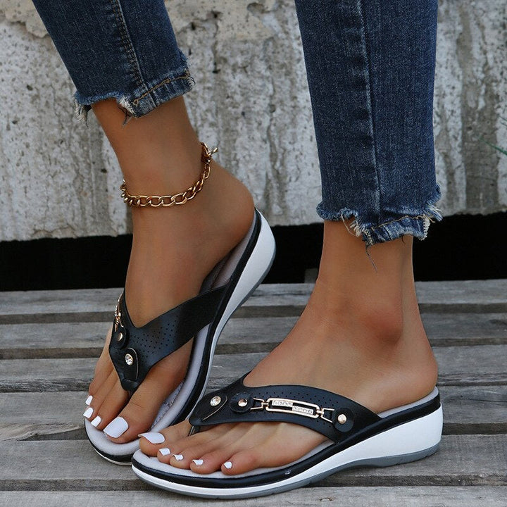 Women's Toe Post Wedge Sandals - Slip On Perforated Strap