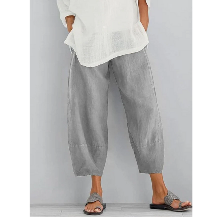 Women's Wide Leg Cropped Trousers - Linen Blend Barrel Fit