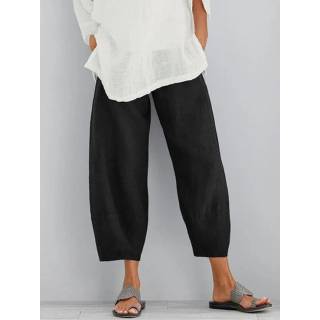 Women's Wide Leg Cropped Trousers - Linen Blend Barrel Fit