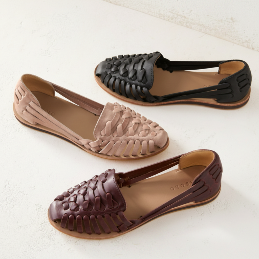 Women's Woven Huarache Flats - Closed Toe Slip On Leather
