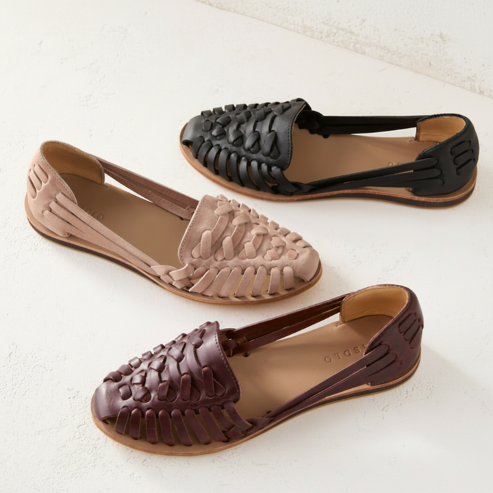 Women's Woven Huarache Flats - Closed Toe Slip On Leather