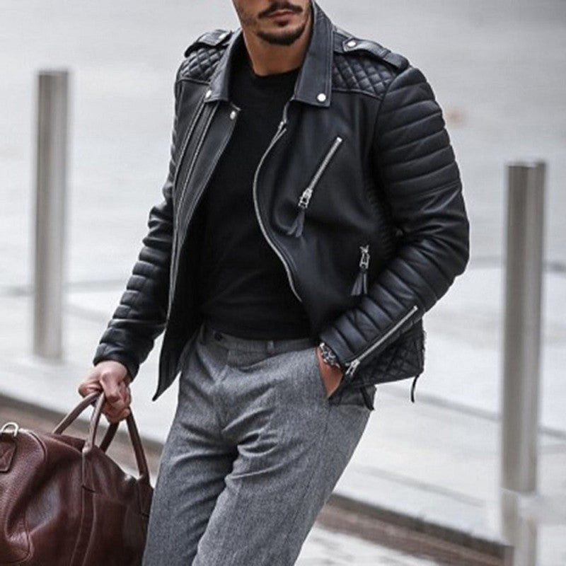 Men's Biker Jacket - Asymmetric Zip Closure