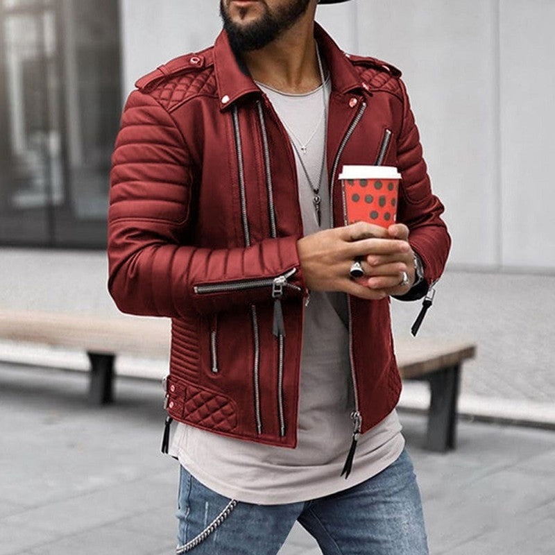 Men's Biker Jacket - Asymmetric Zip Closure