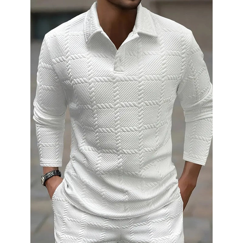 Men's Long-Sleeve Polo Shirt with Embossed Texture