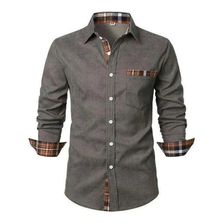 Men's Shirt with Button Placket - Plaid Trim Detailing