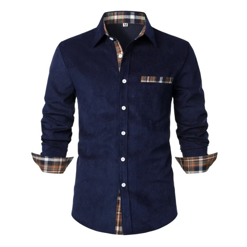 Men's Shirt with Button Placket - Plaid Trim Detailing