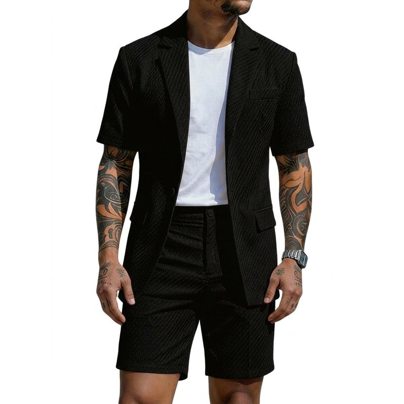 Men's Short-Sleeve Blazer and Shorts Set - Textured Pattern