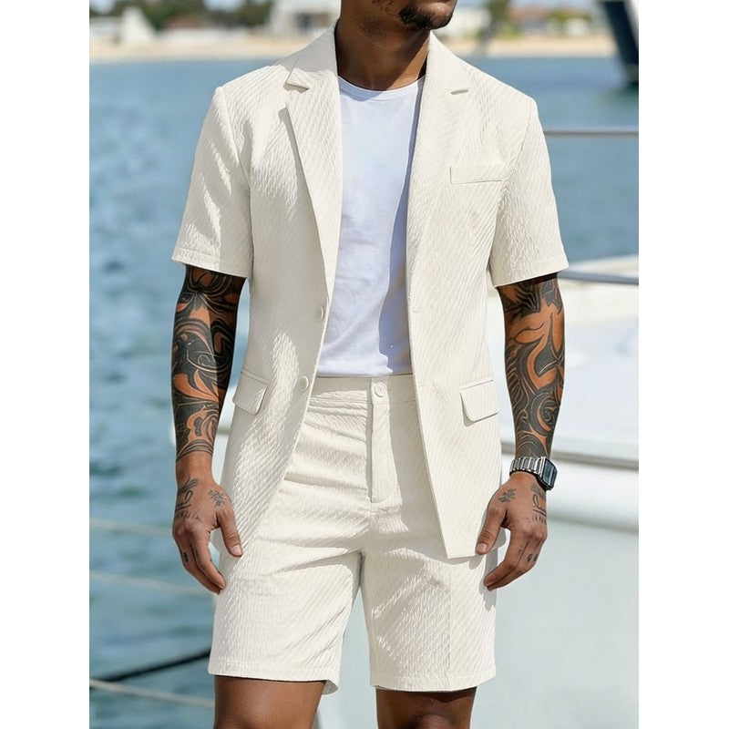Men's Short-Sleeve Blazer and Shorts Set - Textured Pattern