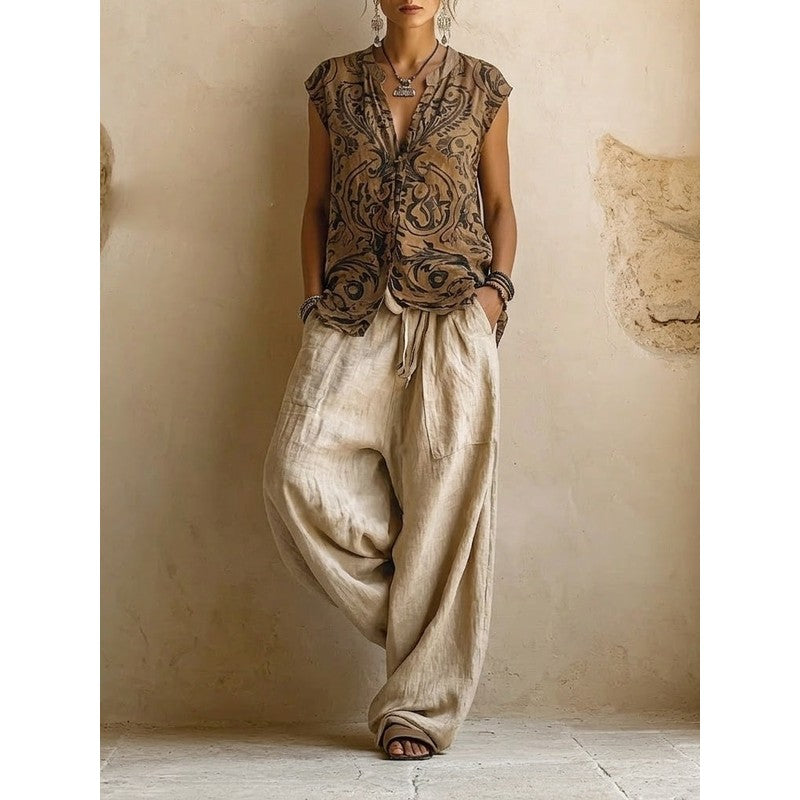 Women's 3-Piece Set - Wide Leg Pants, Sleeveless Top, Maxi Cardigan