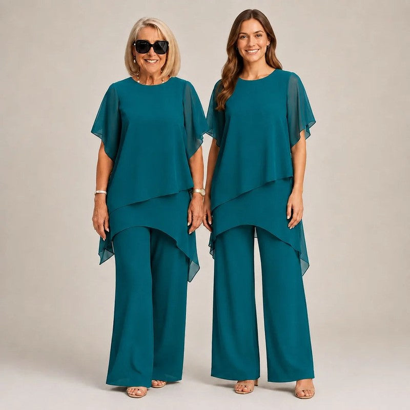 Women's Asymmetric Drape Top and Palazzo Pants Set