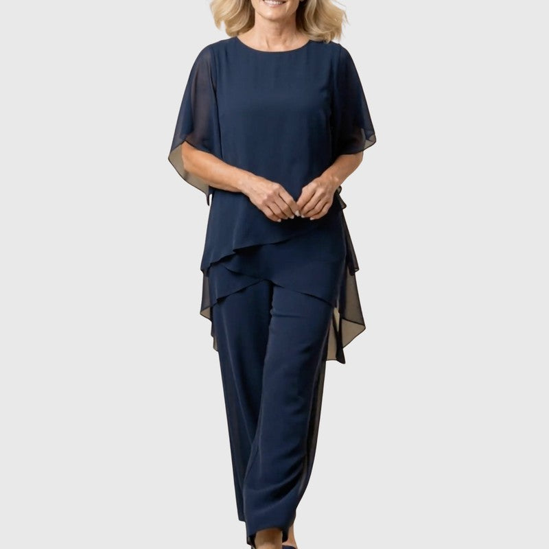 Women's Asymmetric Drape Top and Palazzo Pants Set