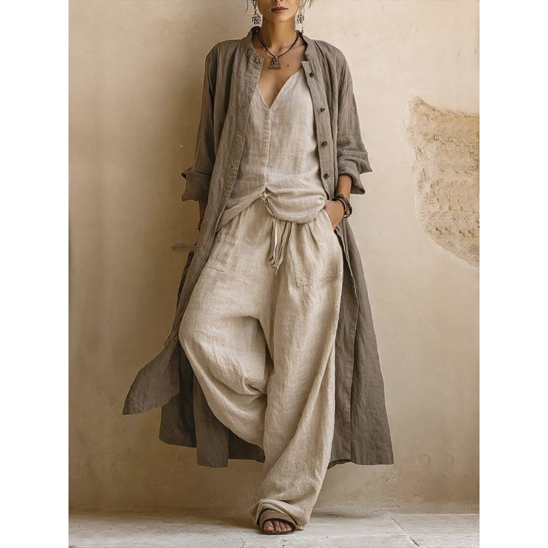 Women's Bohemian Three-Piece Set - Wide Leg Pants and Duster Vest