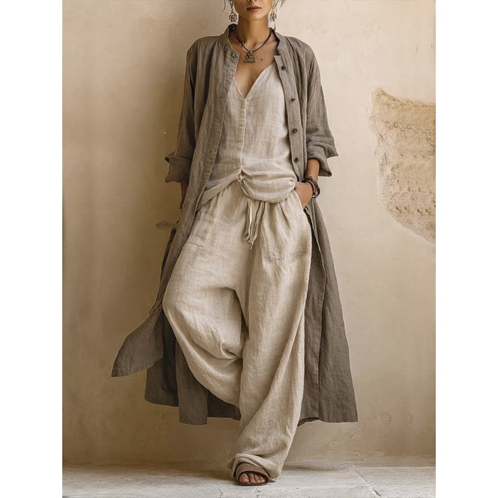 Women's Bohemian Three-Piece Set - Wide Leg Pants and Duster Vest