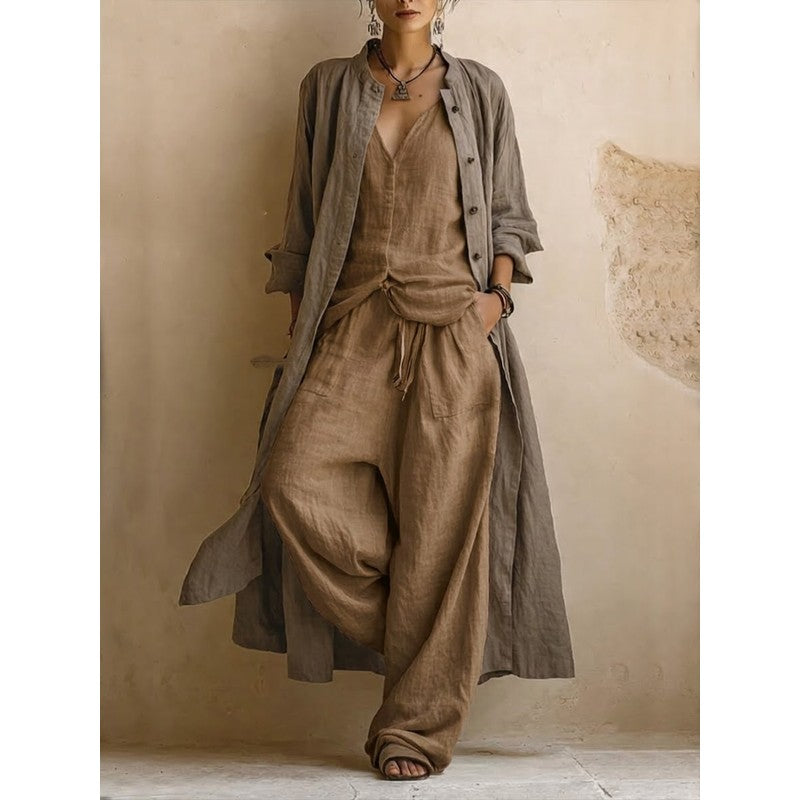 Women's Bohemian Three-Piece Set - Wide Leg Pants and Duster Vest