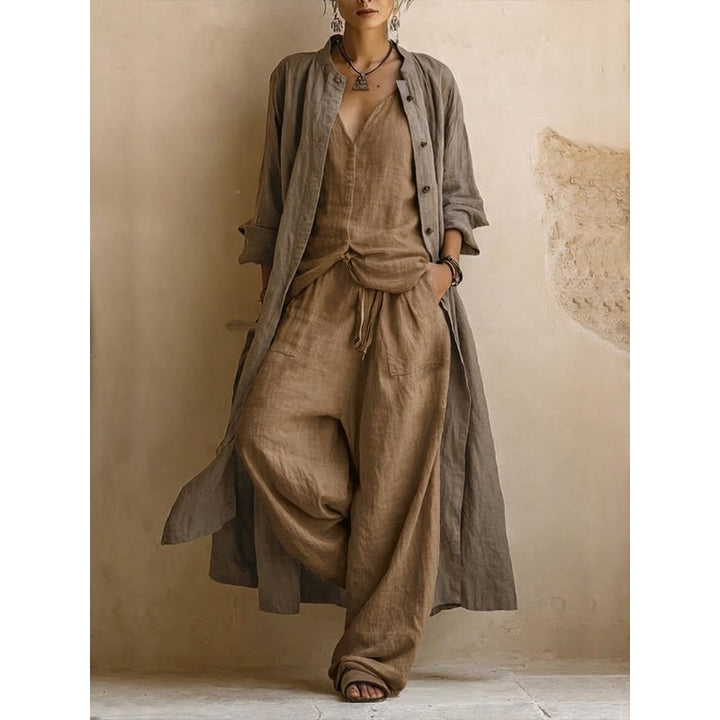 Women's Bohemian Three-Piece Set - Wide Leg Pants and Duster Vest