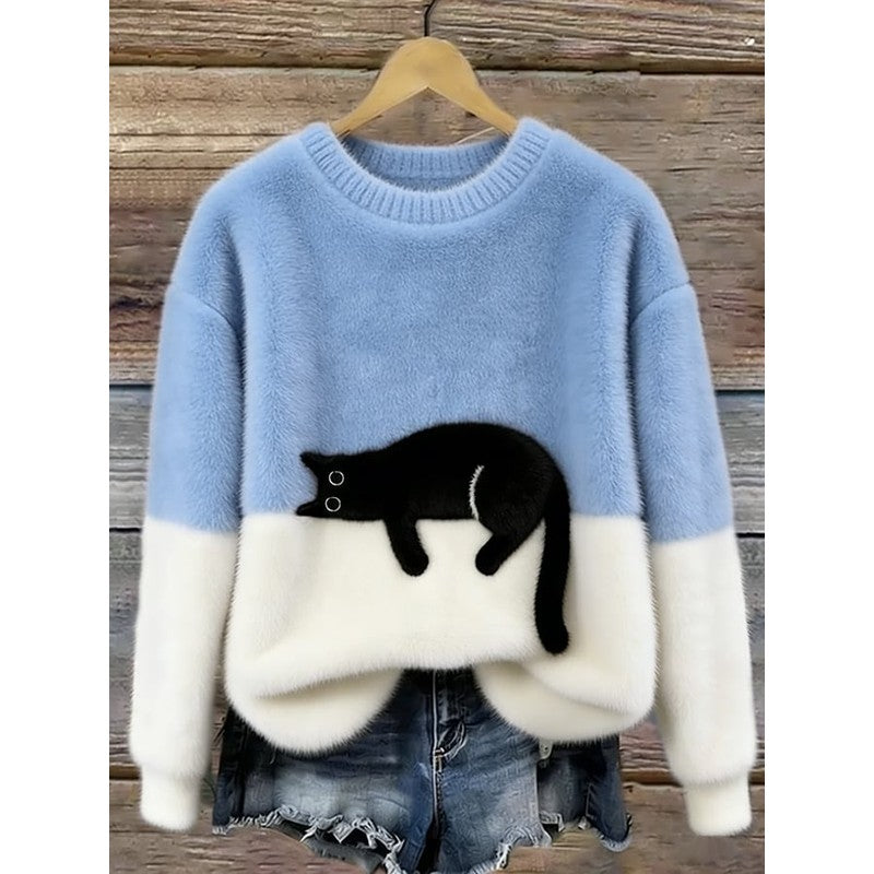 Women's Cat Graphic Sweater - Color Block