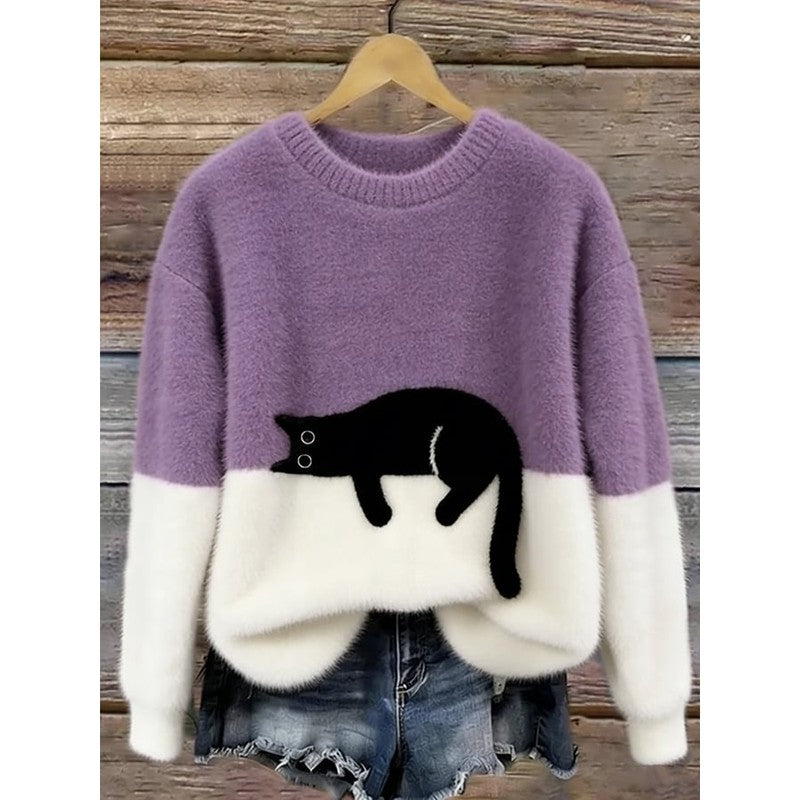Women's Cat Graphic Sweater - Color Block