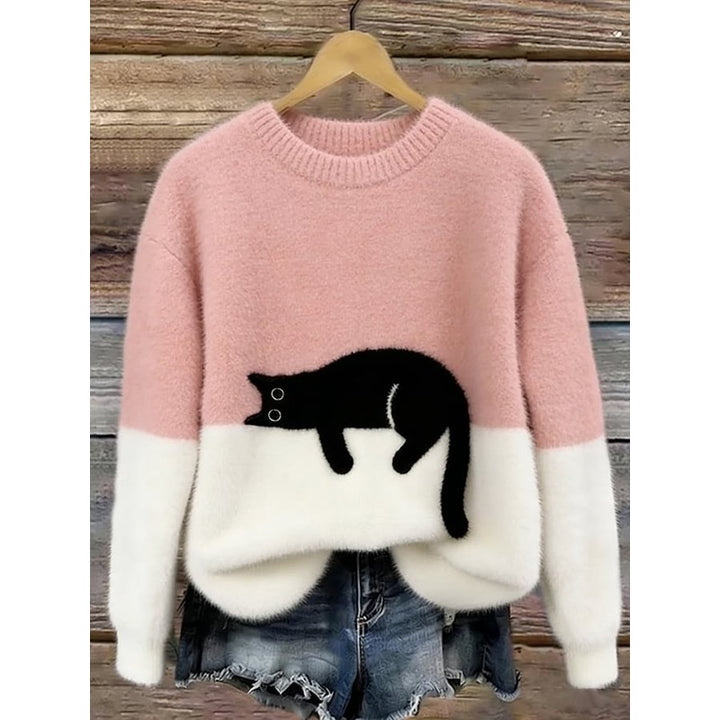Women's Cat Graphic Sweater - Color Block