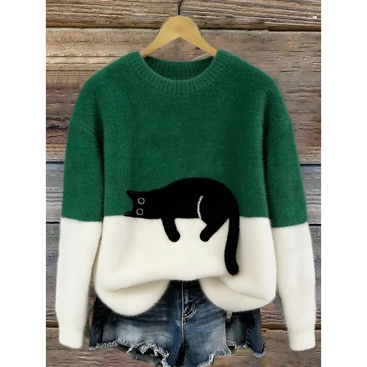 Women's Cat Graphic Sweater - Color Block