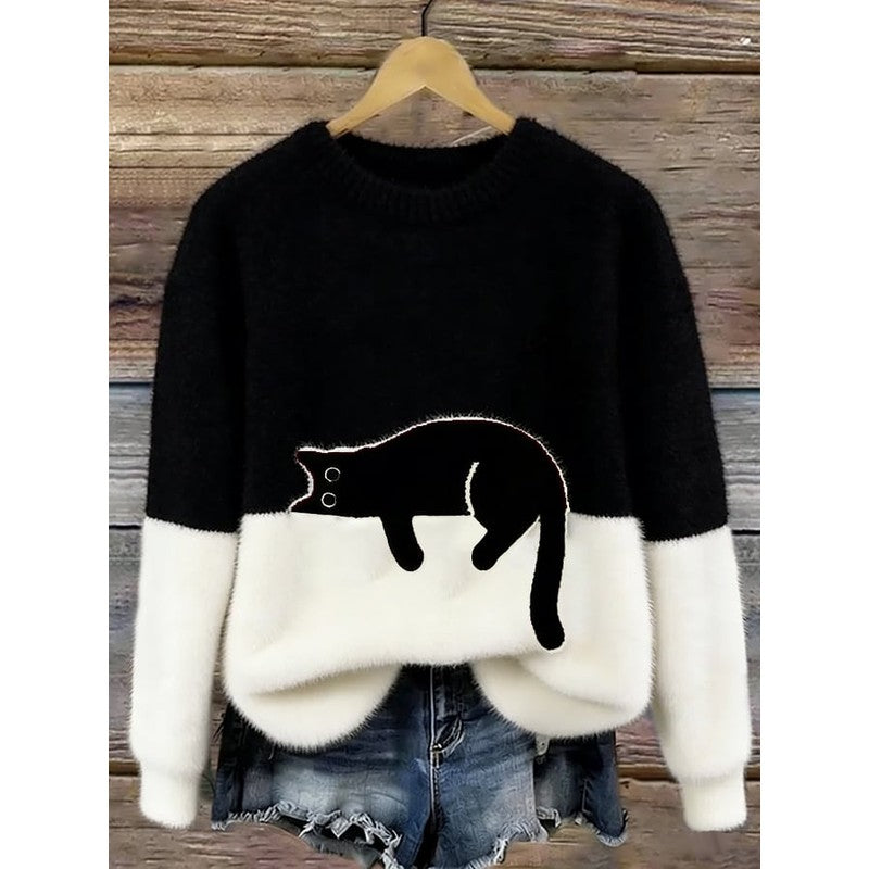 Women's Cat Graphic Sweater - Color Block