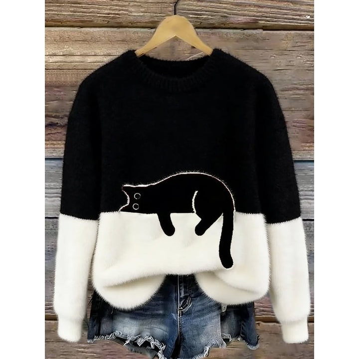 Women's Cat Graphic Sweater - Color Block