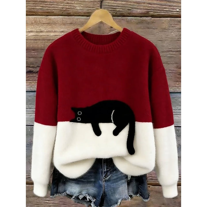 Women's Cat Graphic Sweater - Color Block